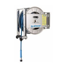 Prevost HP Hose Reel Stainless - Applications: high-pressure washers, high pressure hot water equipment, public works, food processing. Prevost Open Hose Reel - High Pressure Stainless Steel - Hot Water - HP Reinforced Rubber Hose